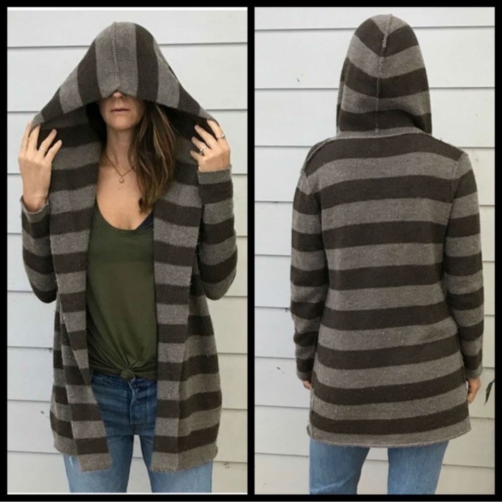 Vince Charcoal and Taupe Striped Hooded Cardigan